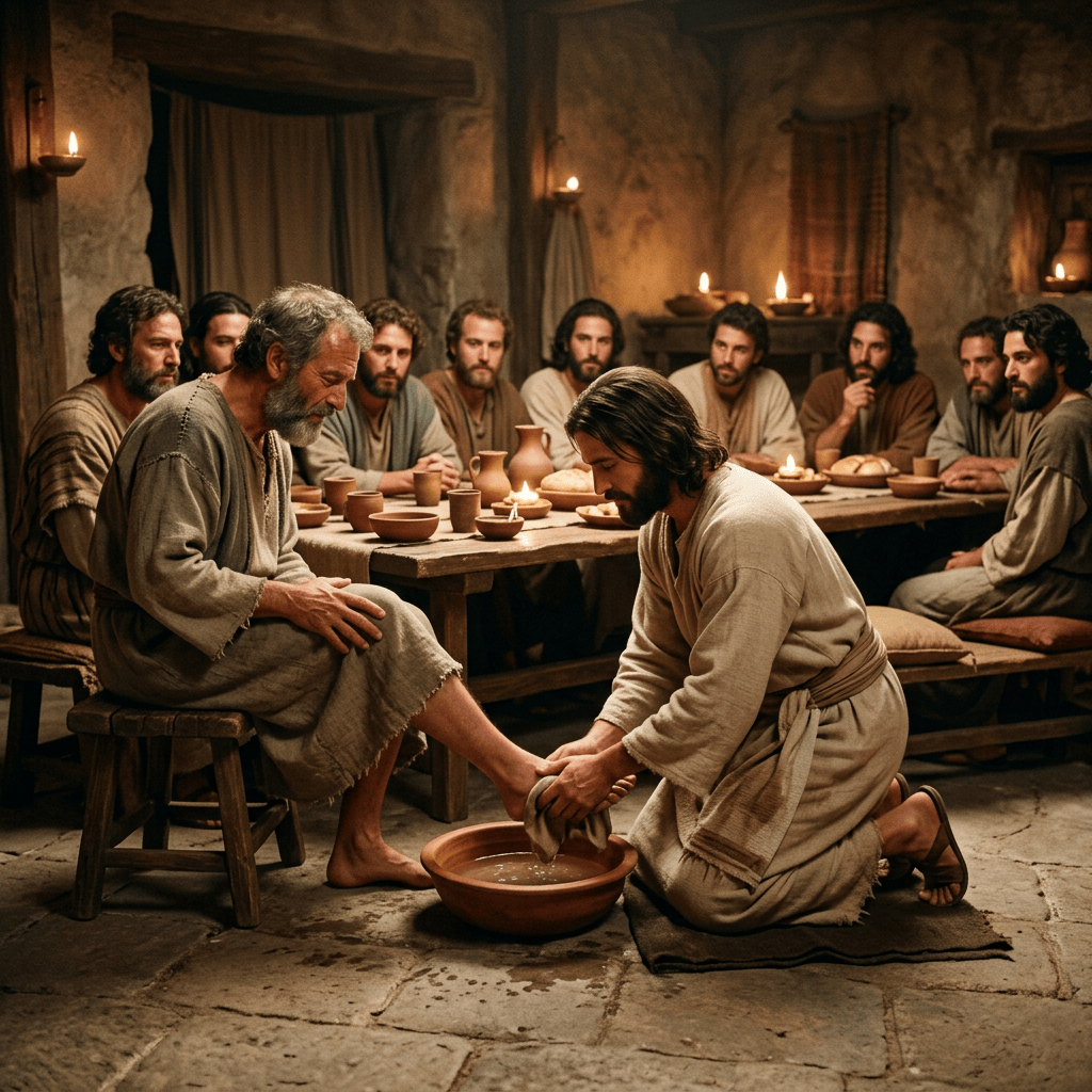 A robed man kneels to wash another man's feet before seated companions